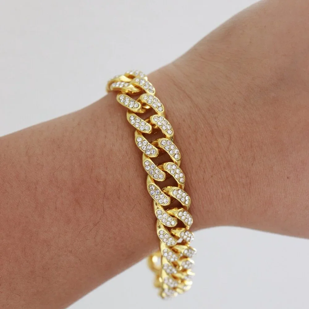 MAYDEAL 12.5MM 8inches Cuban Curb Diamond Chain‎ Gold Plated Bracelet